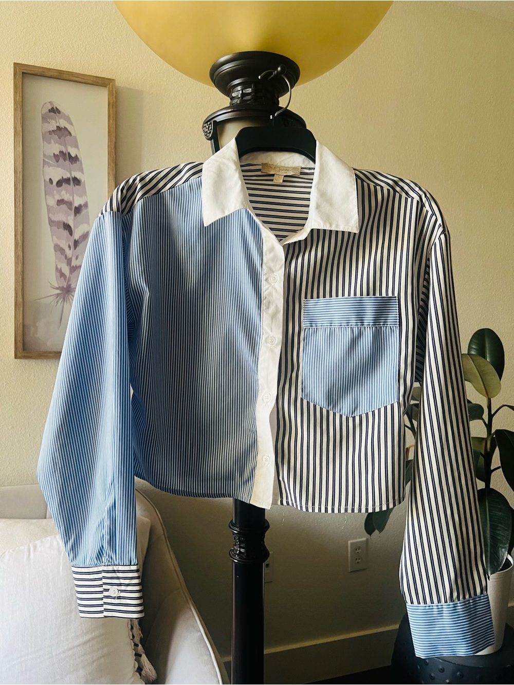 stradivarius Blue, Black and White Mixed-Stripe Button-Down Shirt